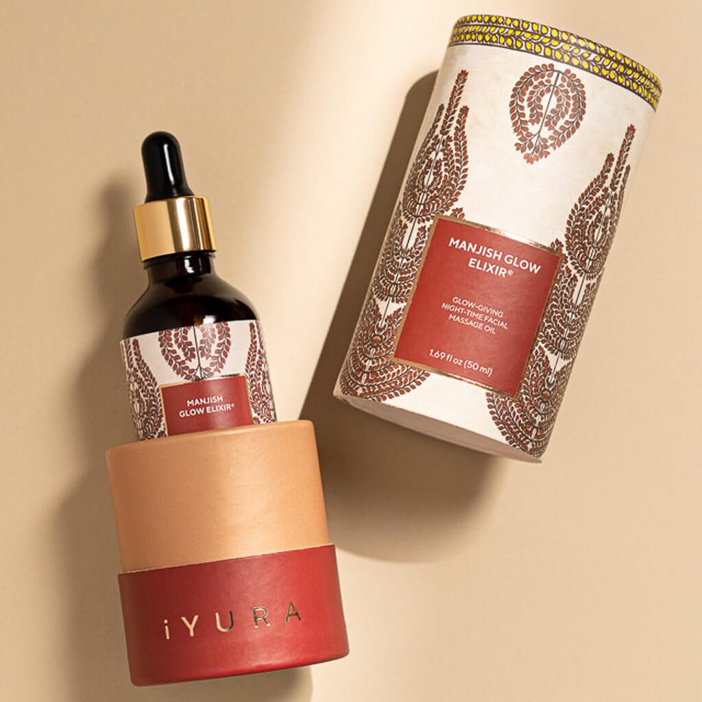 Iyura bottle front view showing clean natural packaging and glow benefits