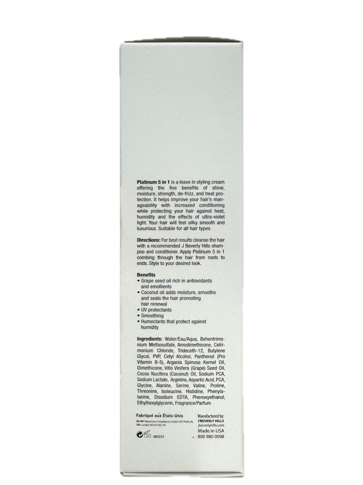 J Beverly Hills ingredients label closeup showing argan, grape seed, and coconut oils