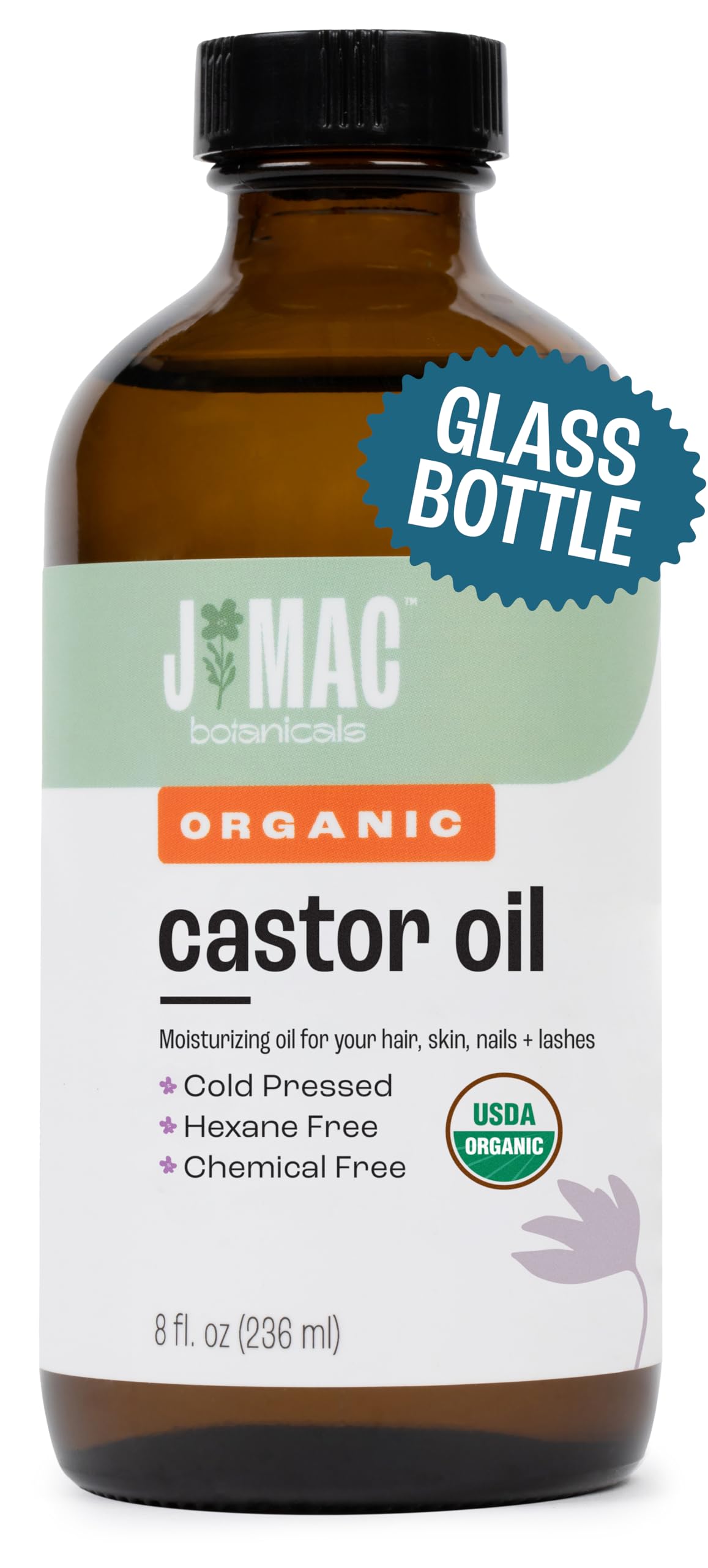 J MAC BOTANICALS amber bottle front label showing organic certification benefit