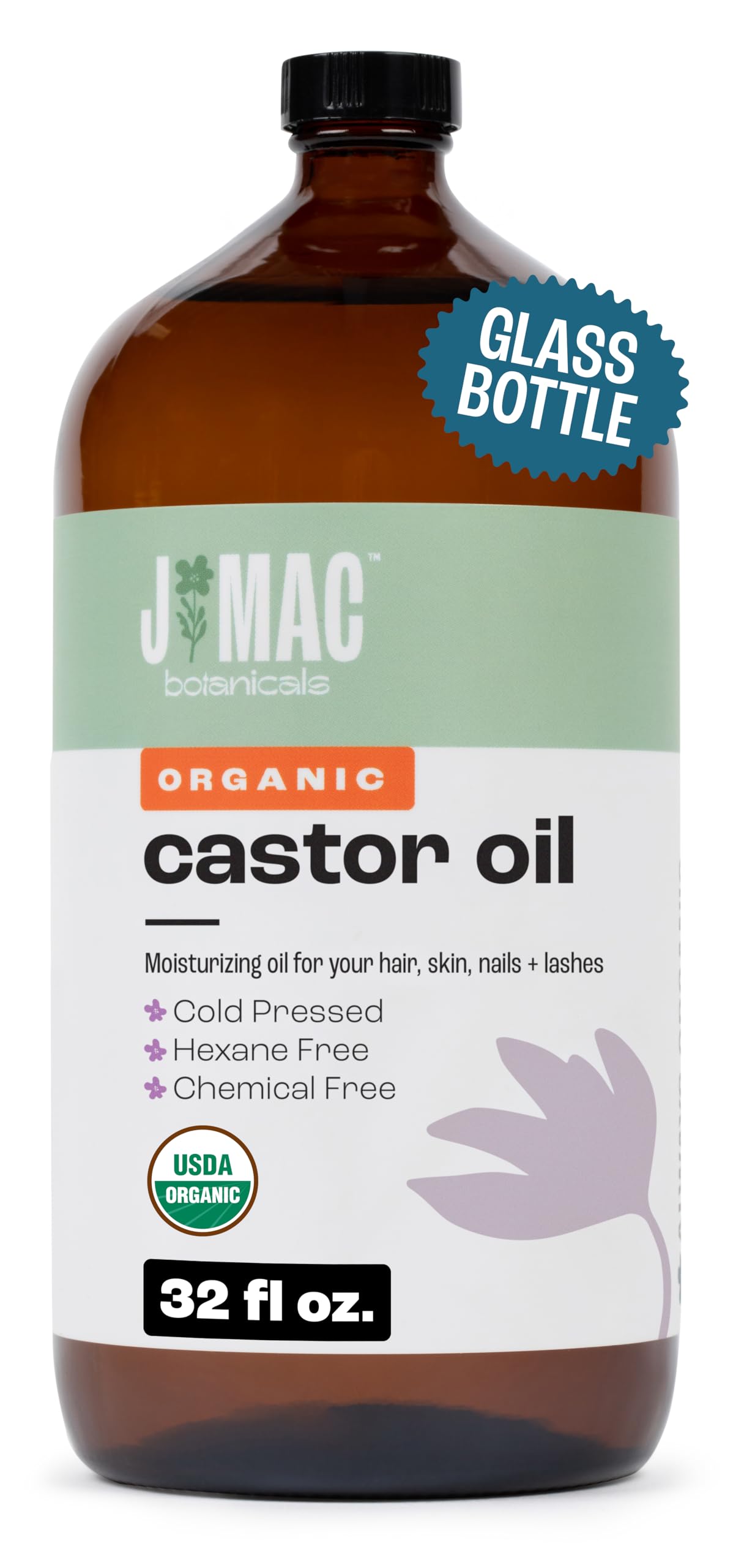 j mac botanicals amber glass front view showing protective bottle and organic label benefit