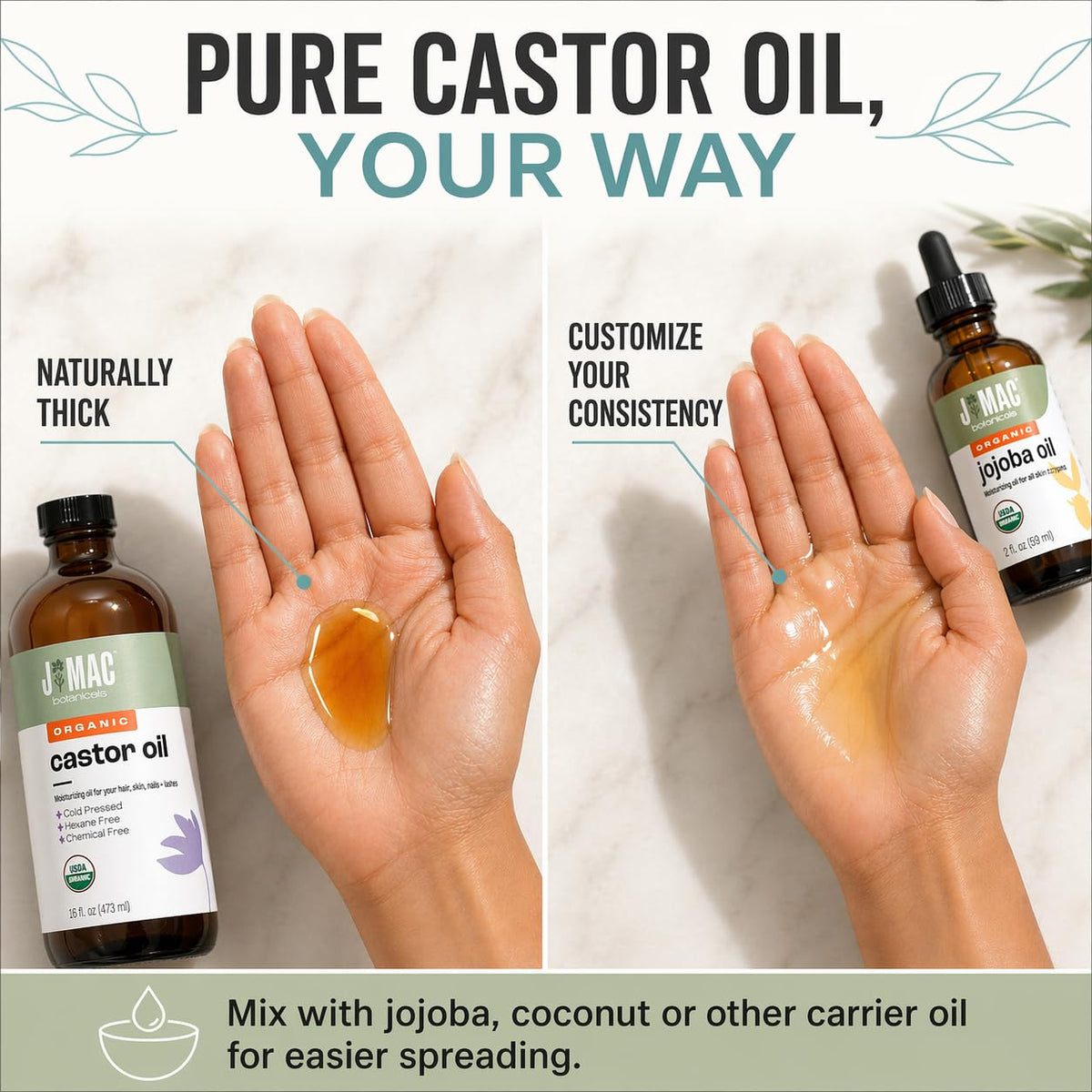 J MAC BOTANICALS pouring oil texture close-up showing rich moisturizing benefit