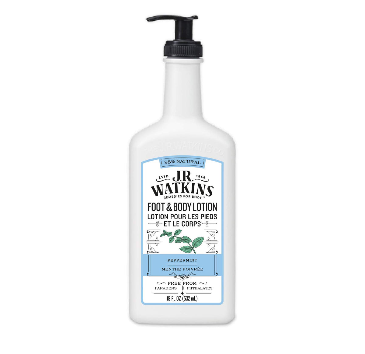 J.R. Watkins front bottle image showing peppermint lotion and clear labeling benefit