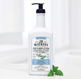 J.R. Watkins pump and 18 fl oz bottle displayed to show size and convenience