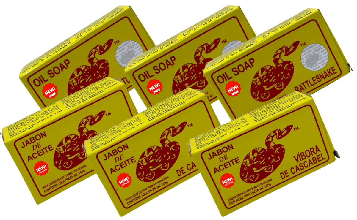 JABON DE ACEITE VIBORA DE CASCABEL front packaging showing six bars and benefits