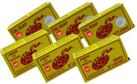 JABON DE ACEITE VIBORA DE CASCABEL front packaging showing six bars and benefits