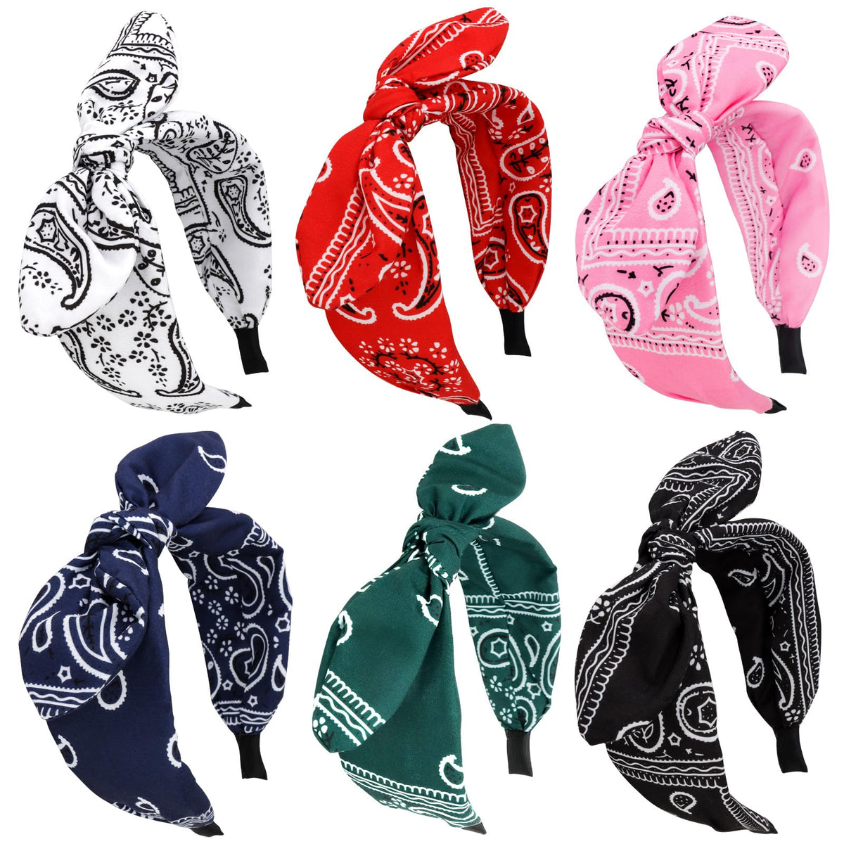 Jaciya front view of six bandana bow headbands, versatile styling benefit