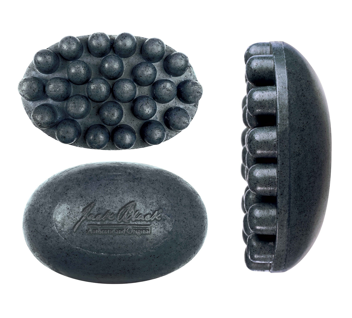 Jack Black charcoal body bar close-up of raised nubs and jojoba beads for exfoliation
