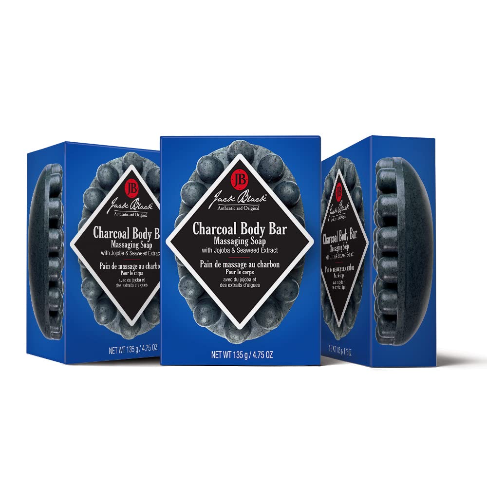 Jack Black charcoal body bar front packaging showing three bars and benefits