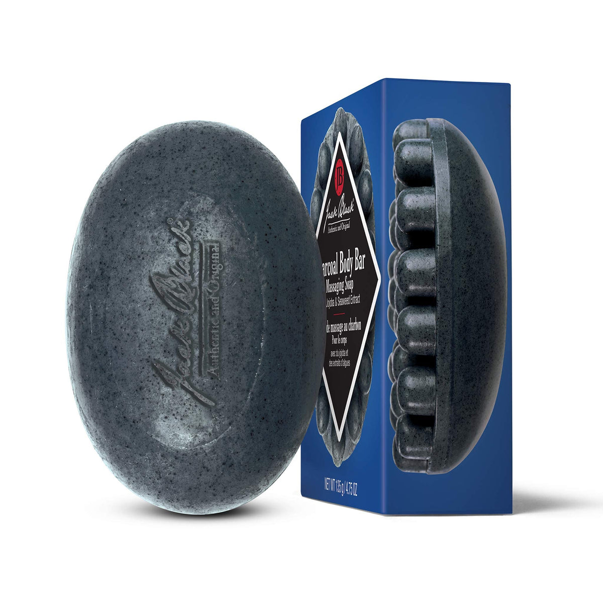 Jack Black charcoal body bar front packaging showing product and weight, promotes confident cleansing
