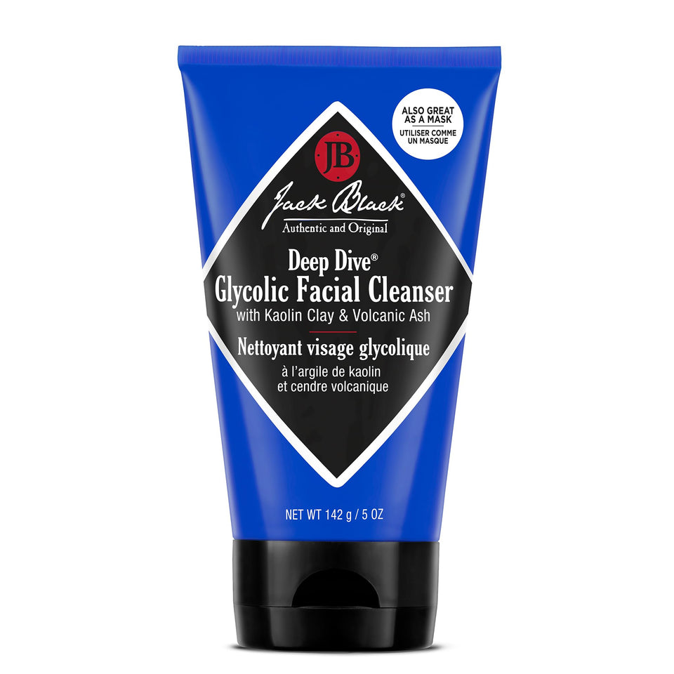 jack black front packaging of Deep Dive glycolic cleanser showing tube and benefits