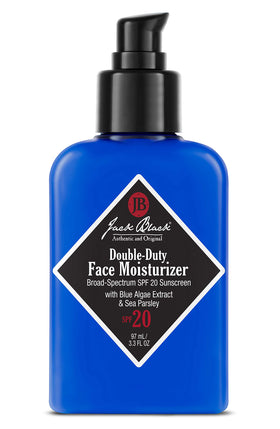 Jack Black front packaging of Double-Duty Face Moisturizer showing size and SPF 20 benefit