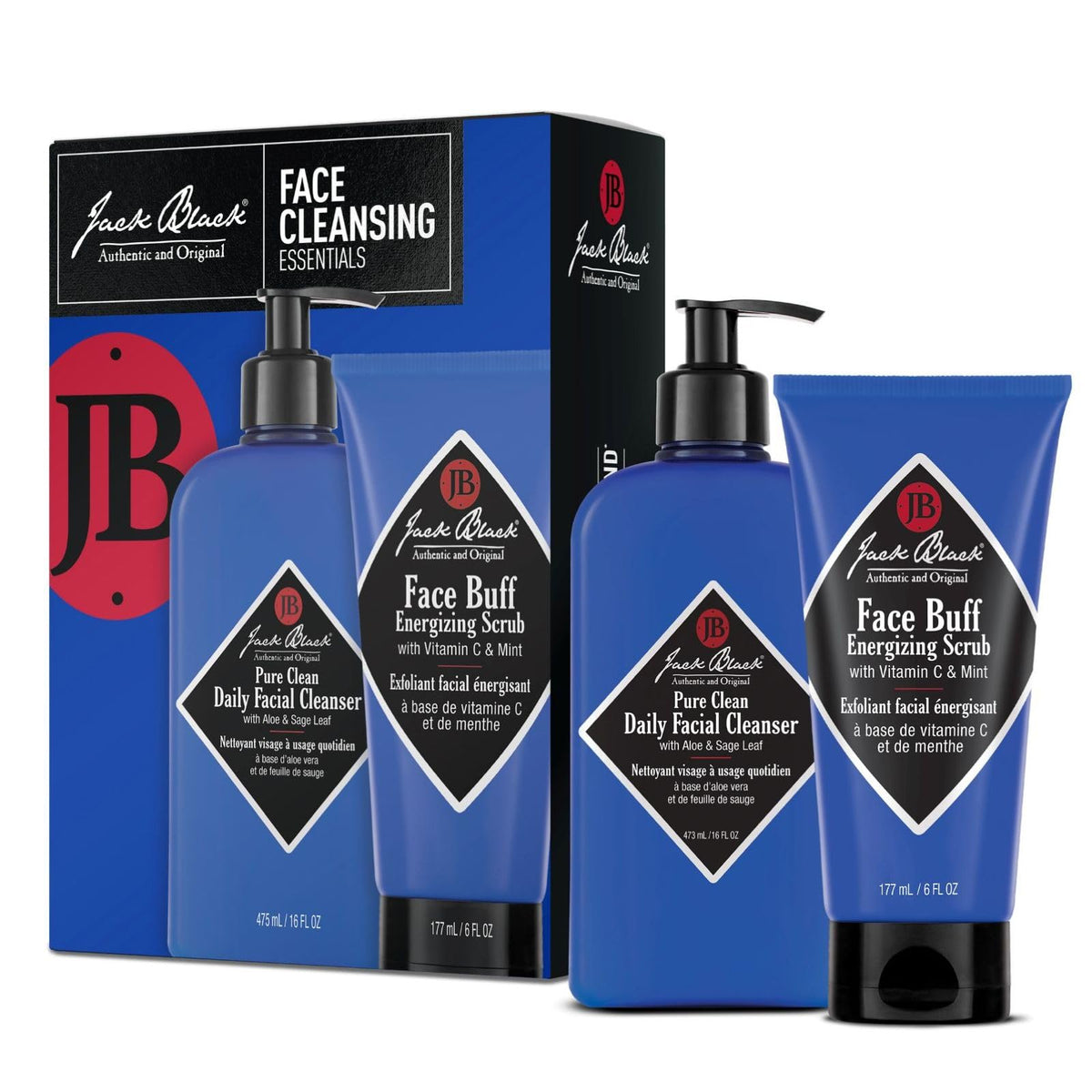 Jack Black duo front packaging showing both cleanser and scrub for easy grooming