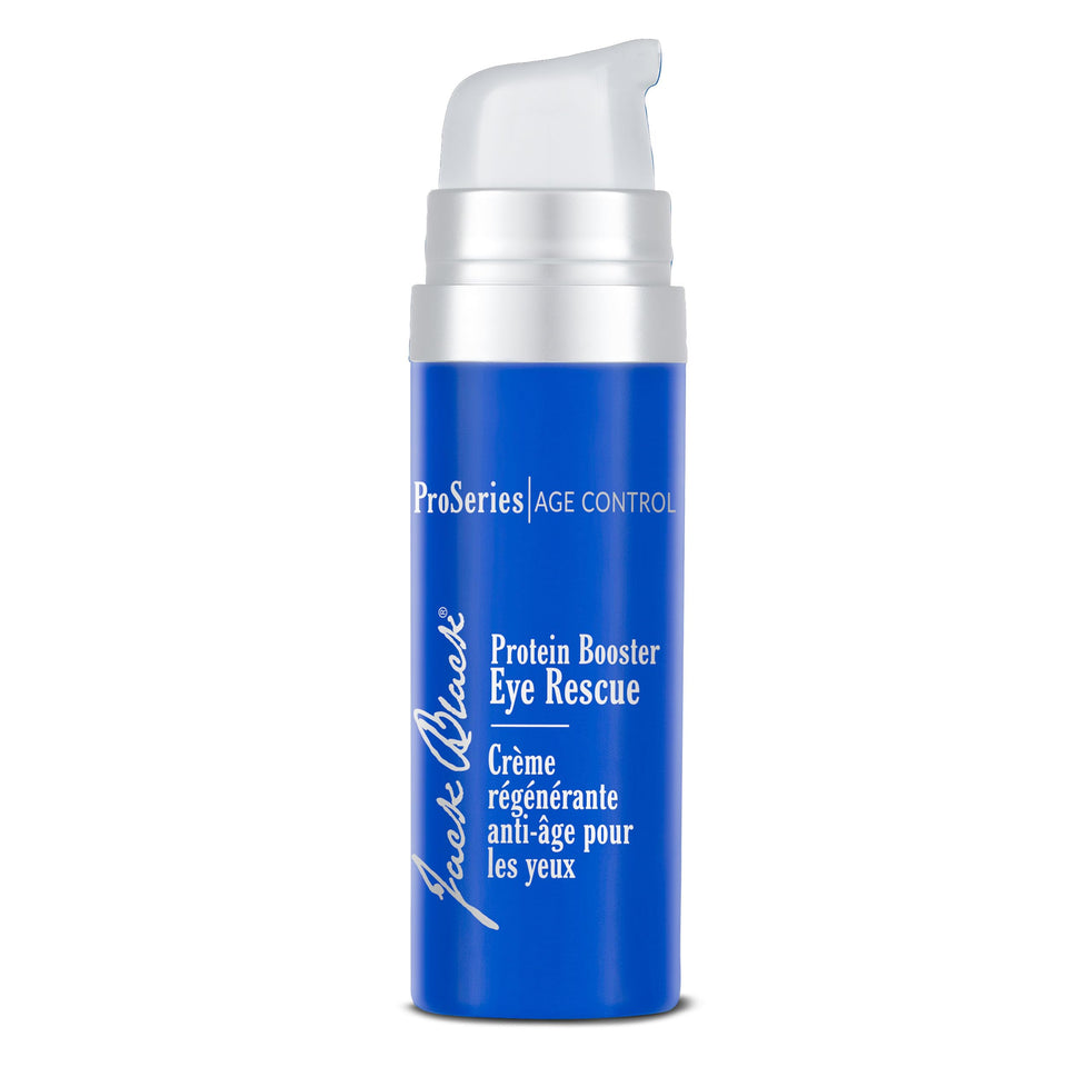 Jack Black front packaging of Protein Booster Eye Rescue showing label and jar, promoting targeted anti-aging care