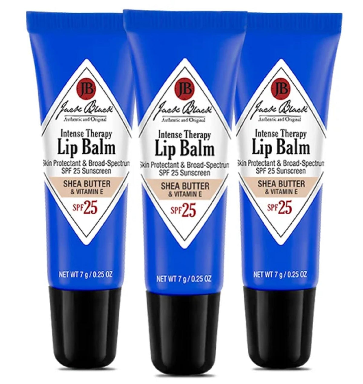 Jack Black front packaging showing three lip balm tubes and easy grab convenience
