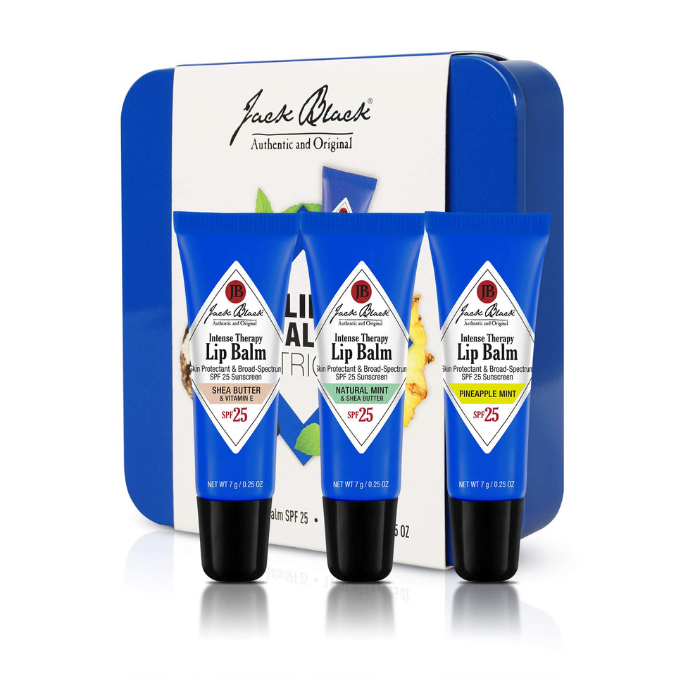 Jack Black lip balm trio front tin showing three tubes and branding for gift-ready convenience
