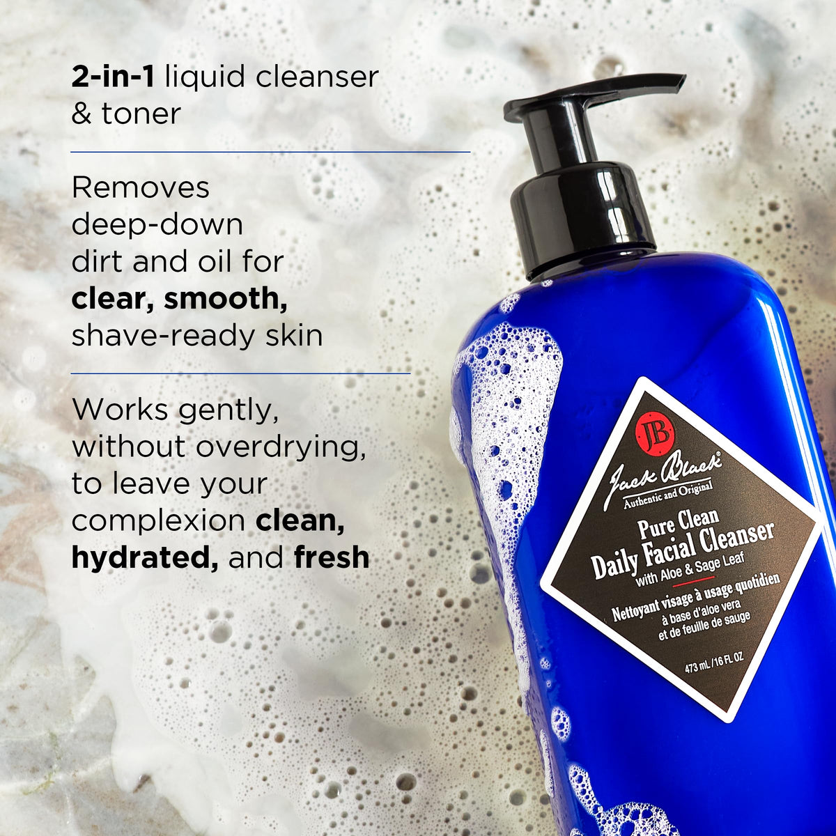 Jack Black Pure Clean texture closeup demonstrating gentle foaming and hydration