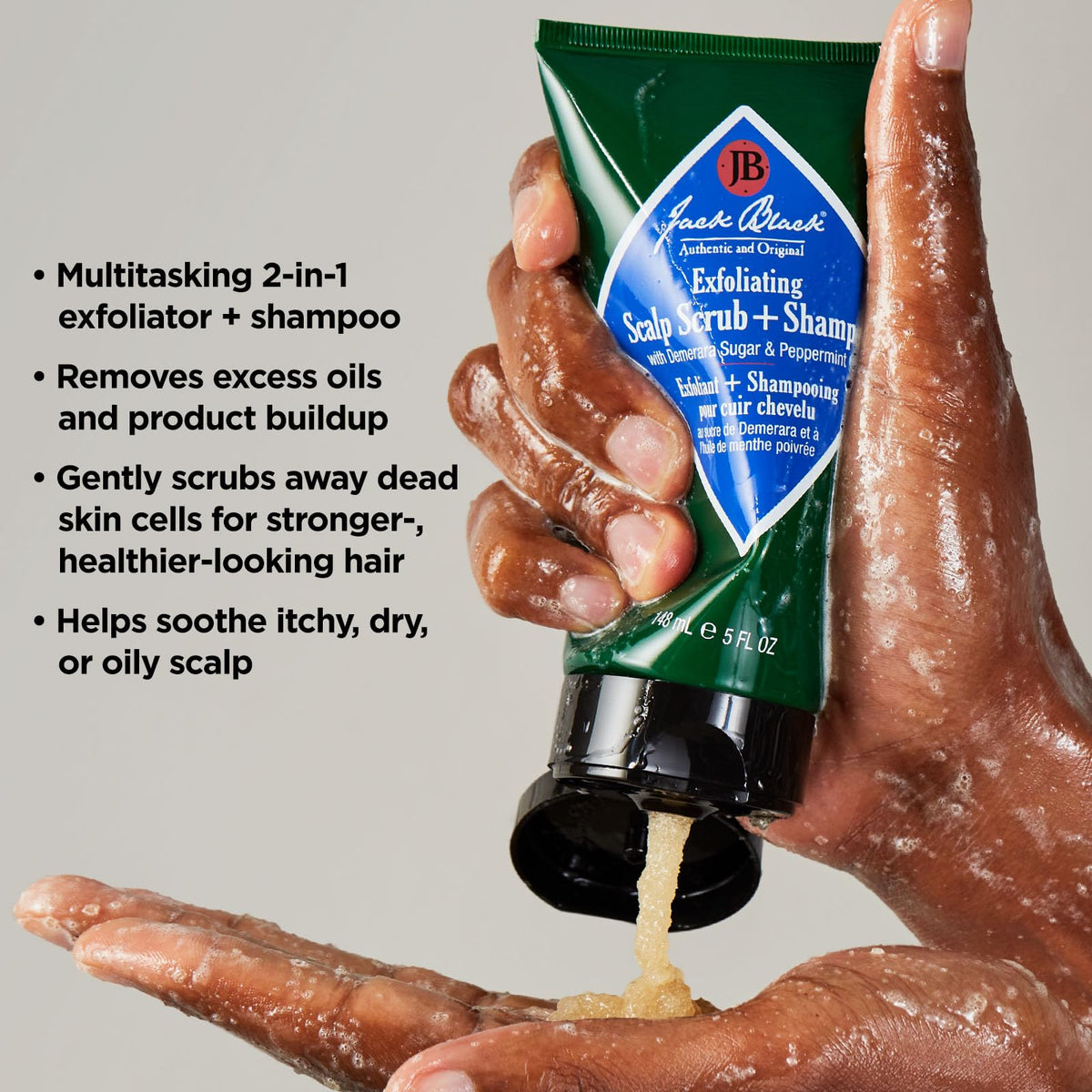 jack black shampoo in hand illustrating lather and amount for controlled use benefit