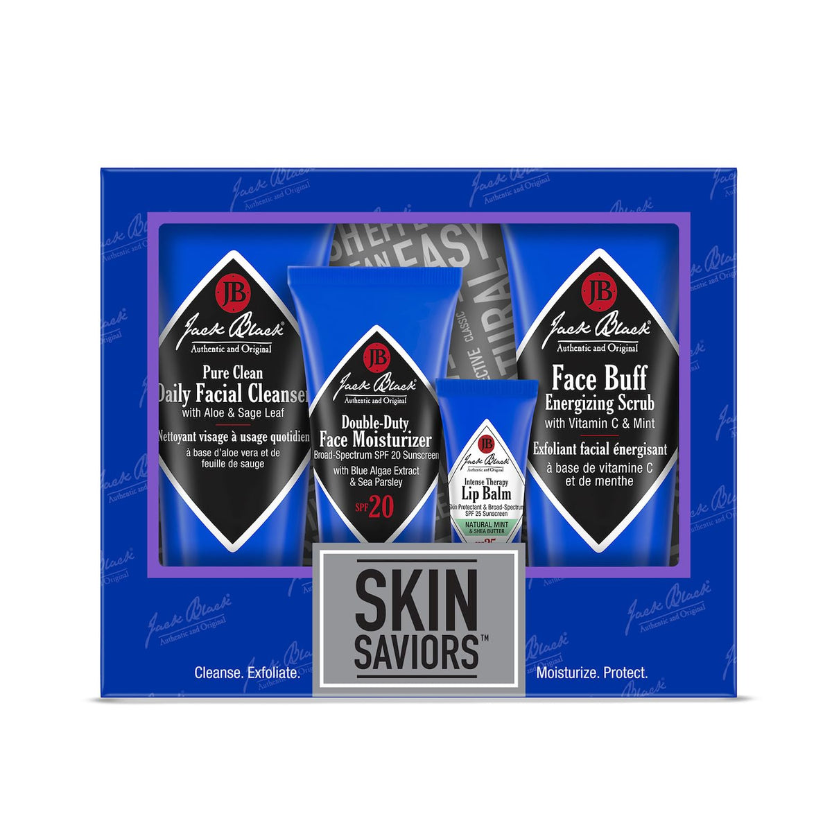 Jack Black front packaging showing the four-piece travel kit and benefits