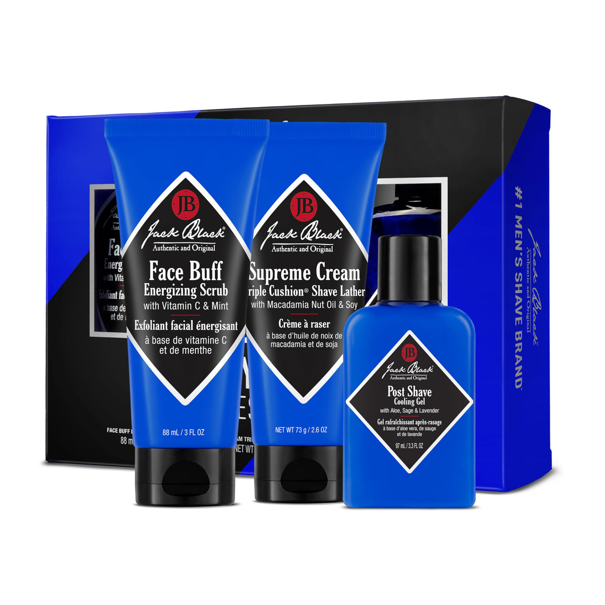 Jack Black front packaging showing the three-step shave kit and convenience