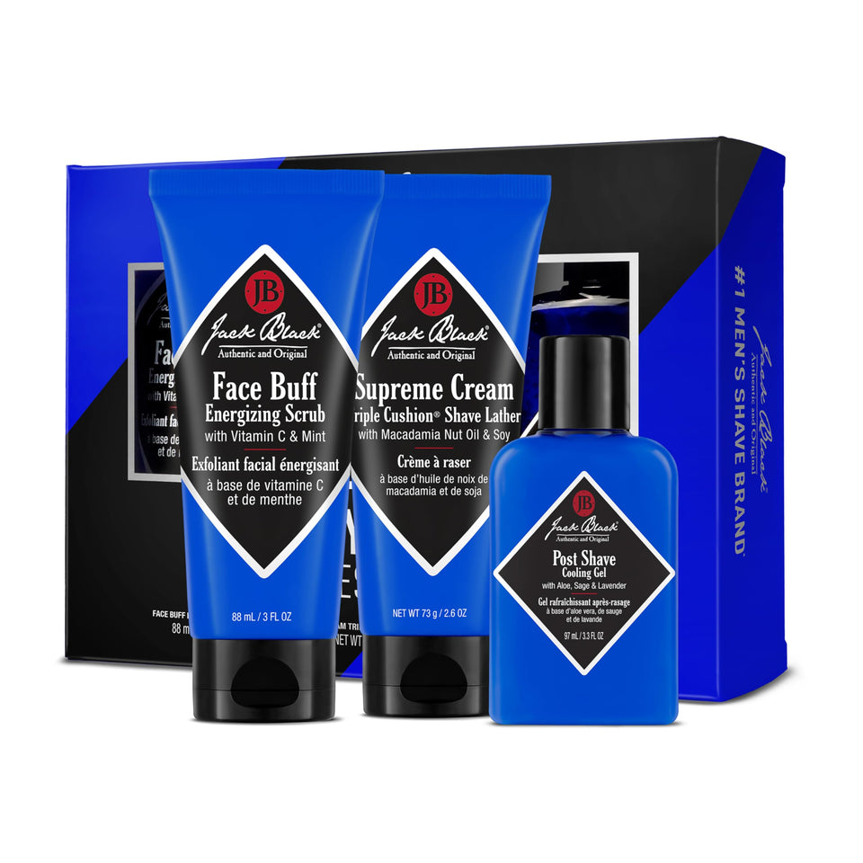 Jack Black front packaging showing the three-step shave kit and convenience