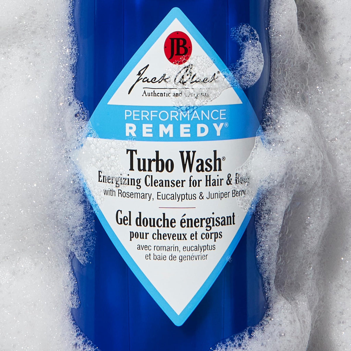 Jack Black Turbo Wash label close-up showing key botanical ingredients and benefits