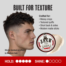 jack the barber clay being applied into hair for textured, long-lasting matte style