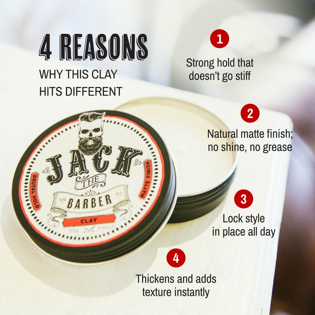 jack the barber open tin texture close-up showing matte clay texture and easy warming