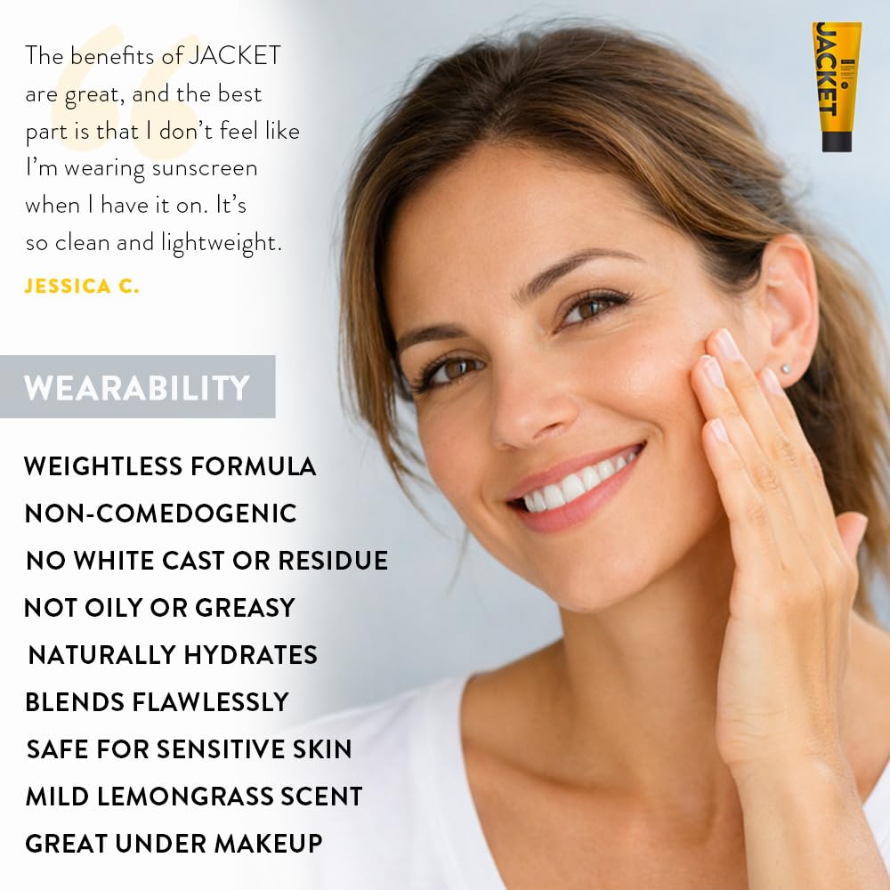 JACKET bottle label detail highlighting active ingredients and SPF