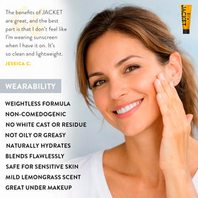 JACKET bottle label detail highlighting active ingredients and SPF