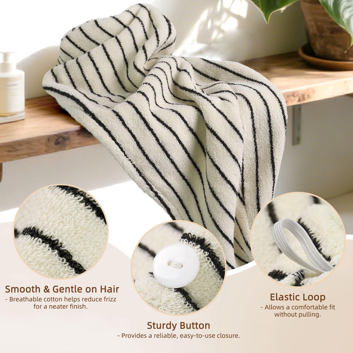Jacquotha elastic loop and button detail that secures turban for hands-free drying