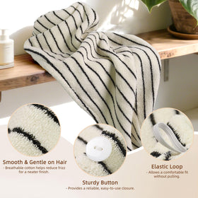 Jacquotha elastic loop and button detail that secures turban for hands-free drying
