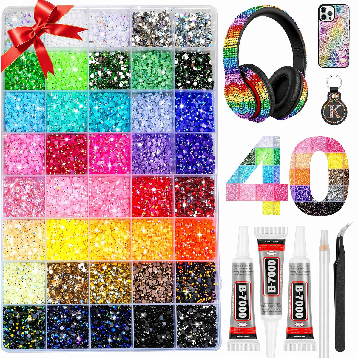 JAFLLMRI organizer box open showing 40 colored rhinestone compartments for easy selection