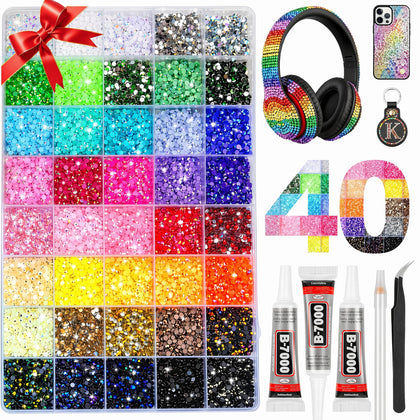 JAFLLMRI organizer box open showing 40 colored rhinestone compartments for easy selection