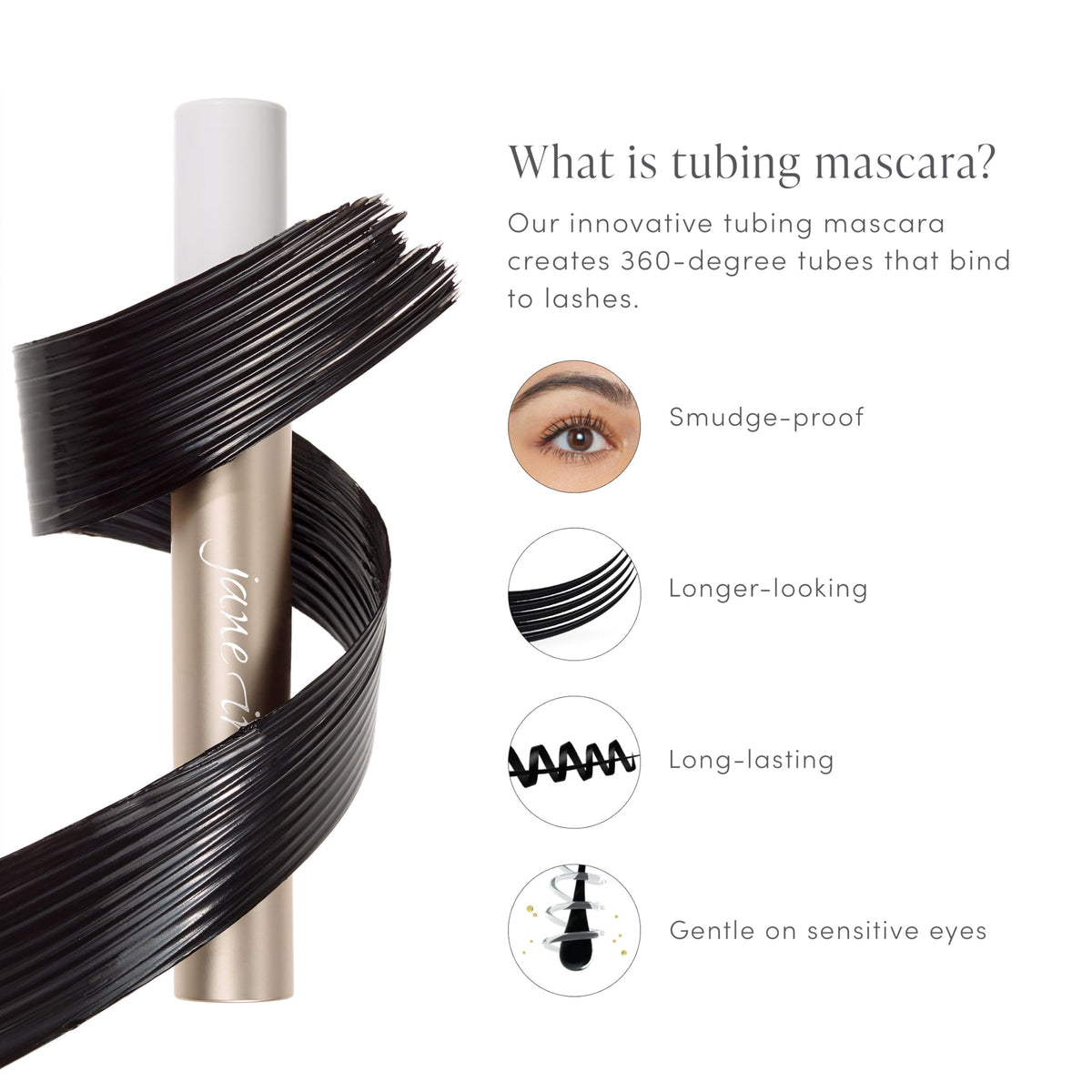 jane iredale applying mascara in hand mirror illustrating easy use