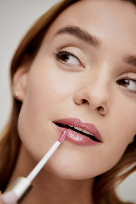 jane iredale Candied Rose on model lips showing natural, glossy color benefit