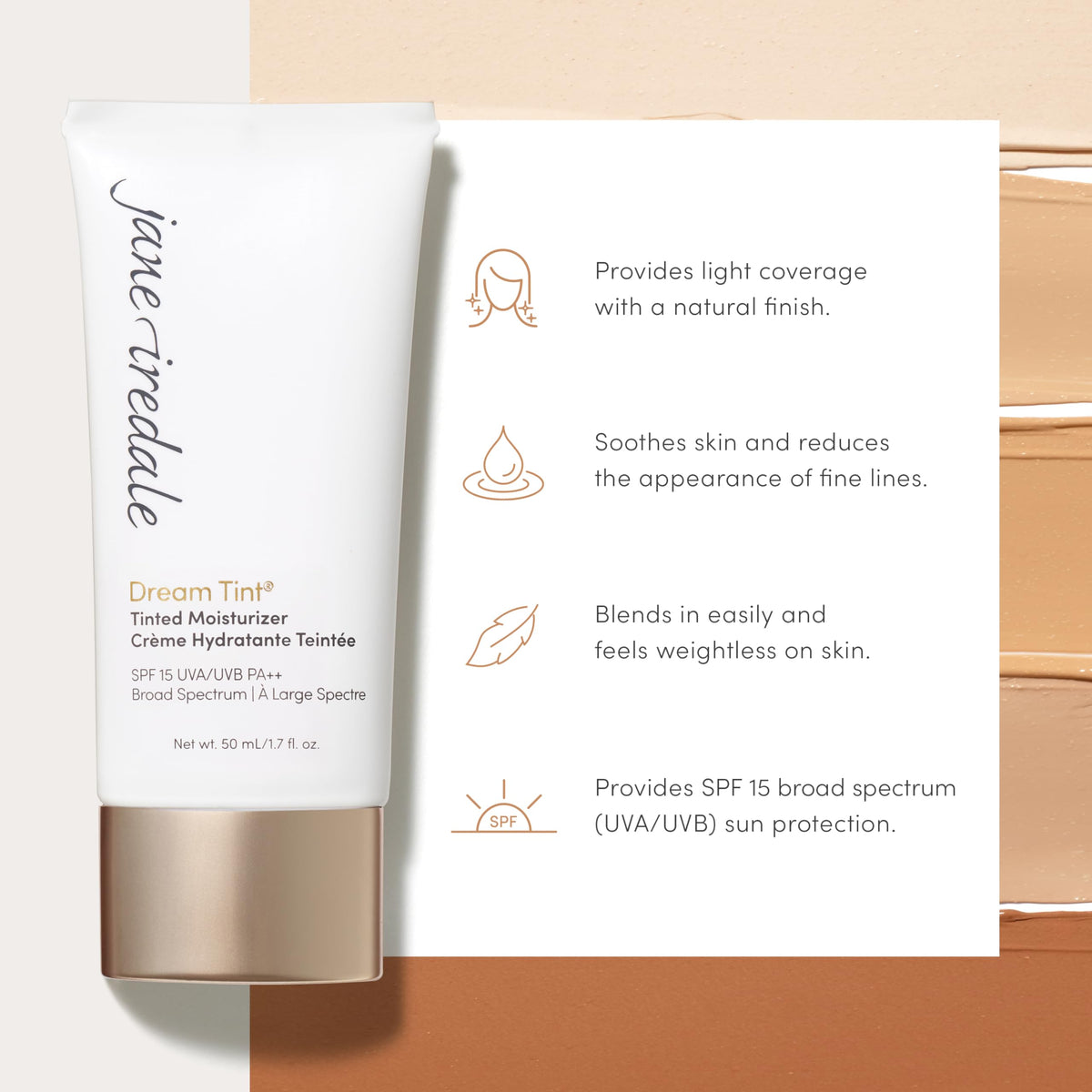 jane iredale applying tint to skin demonstrating lightweight coverage benefit