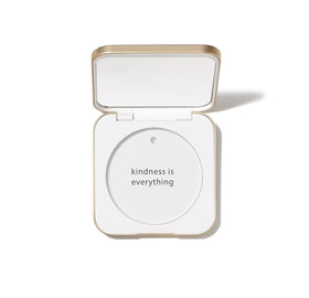 jane iredale compact front view in white showing sleek aluminum shell and secure closure, easy portability
