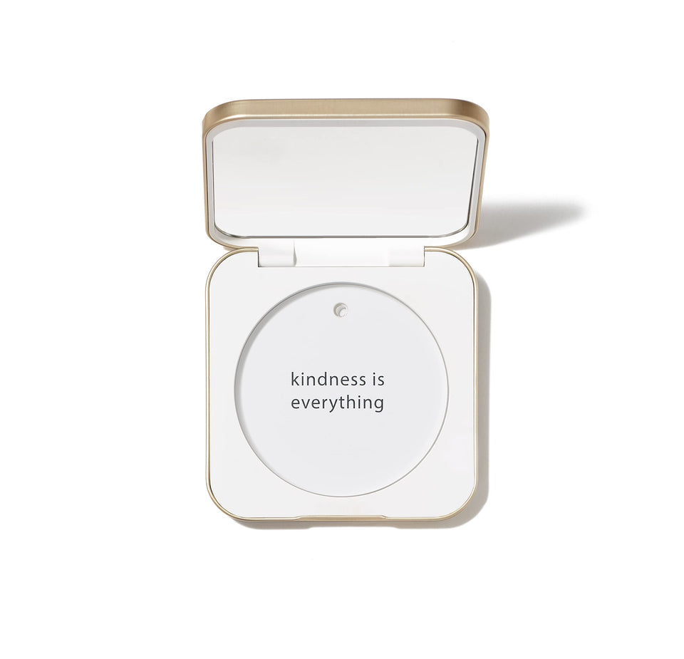 jane iredale compact front view in white showing sleek aluminum shell and secure closure, easy portability