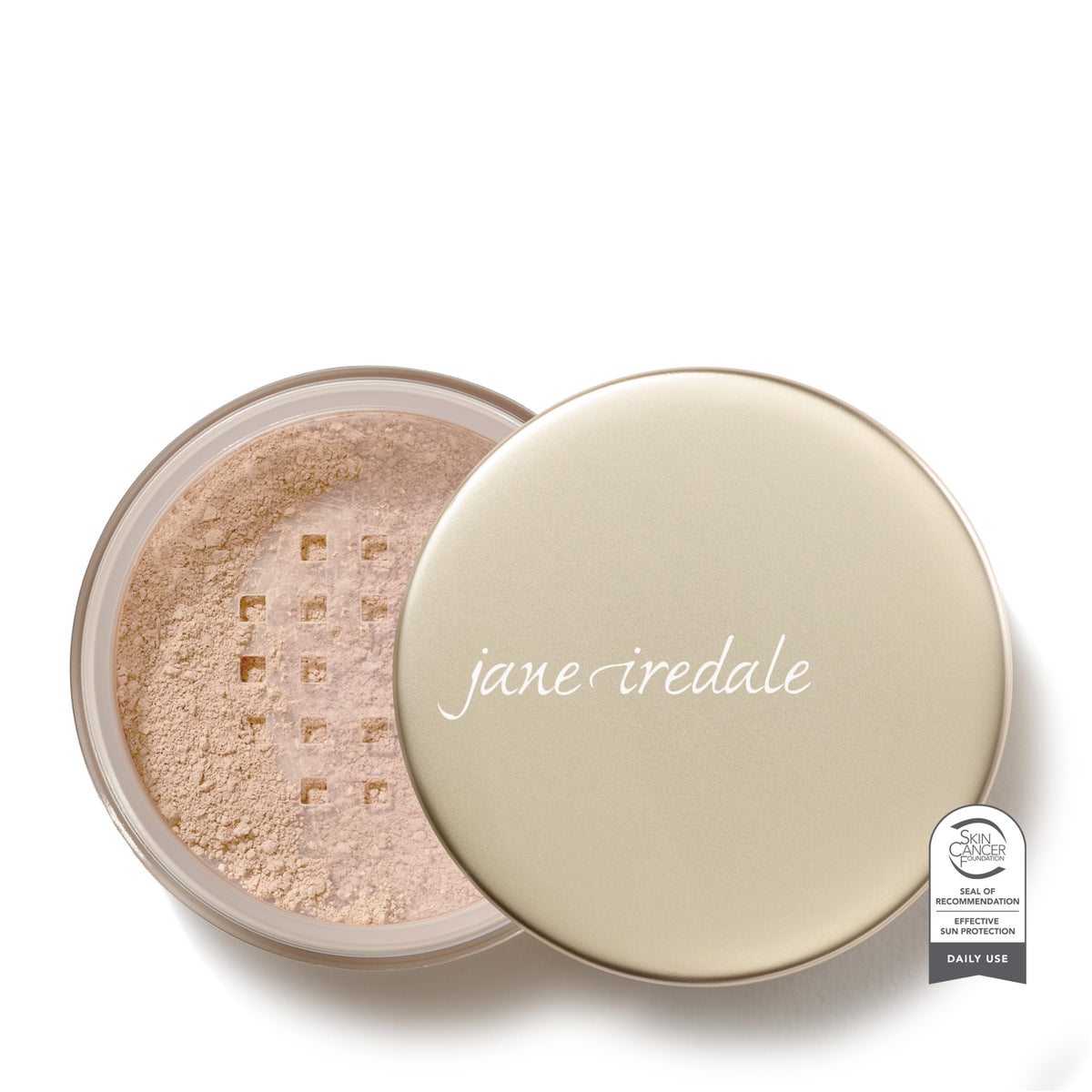 jane iredale front jar in Light Beige showing product packaging and convenient sifter