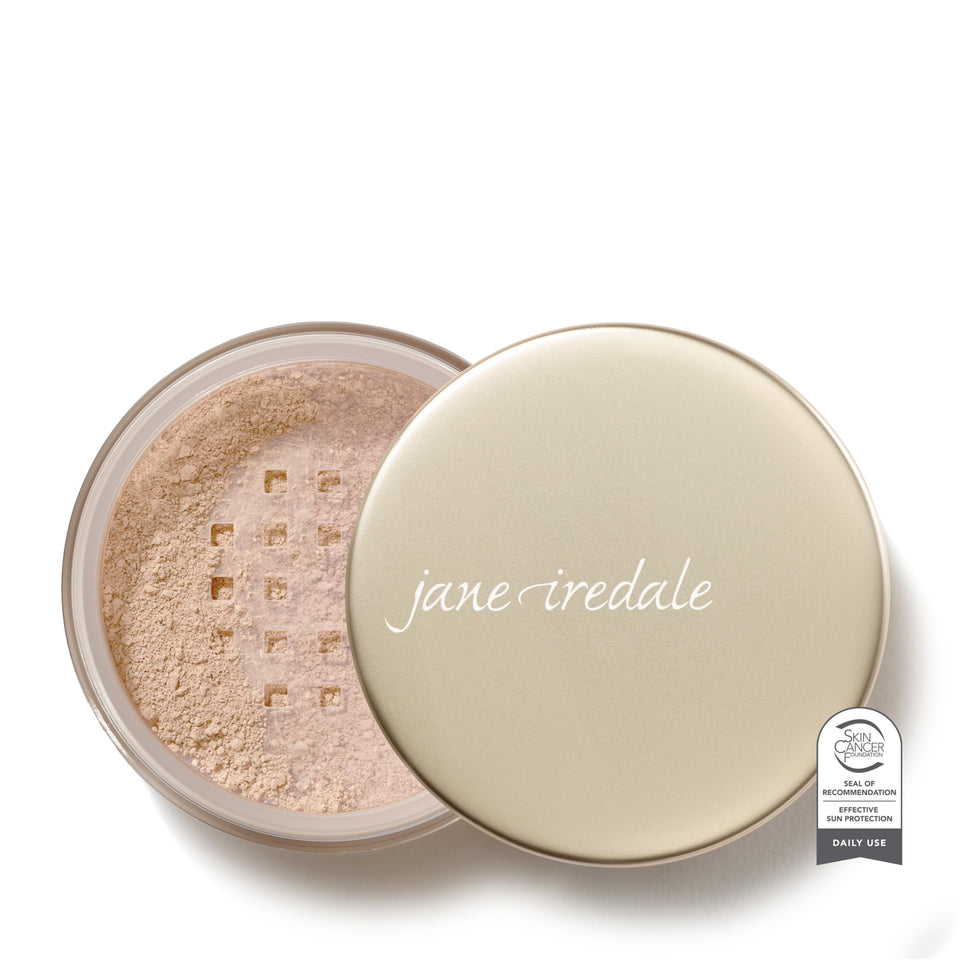 jane iredale front jar in Light Beige showing product packaging and convenient sifter