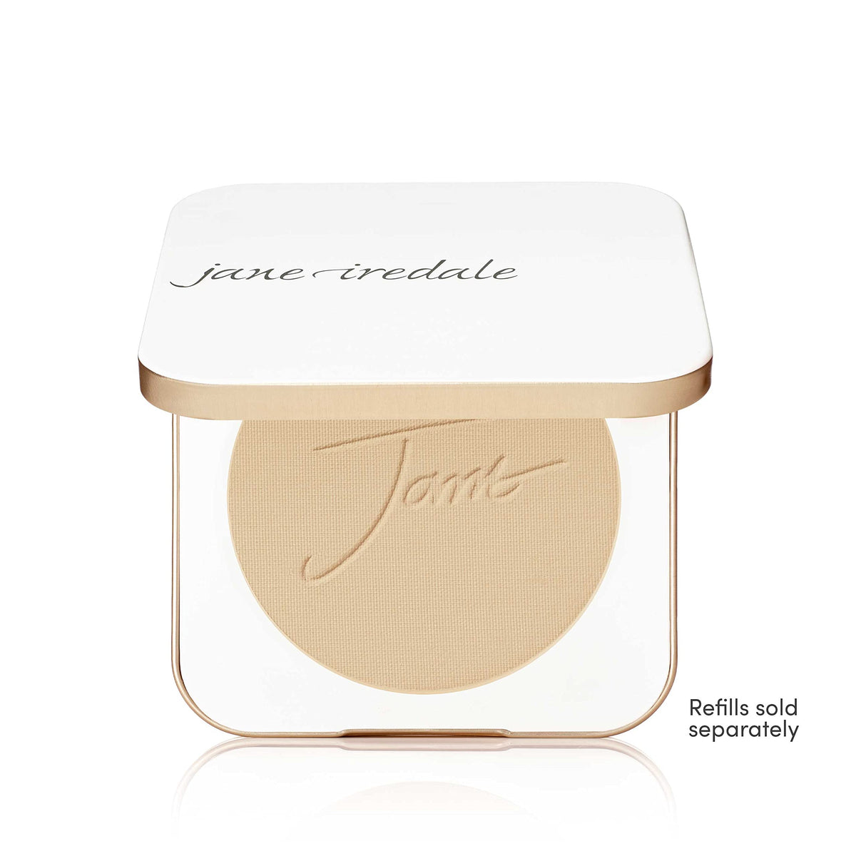 jane iredale compact opened to reveal interior mirror and refill pan, convenient on-the-go application