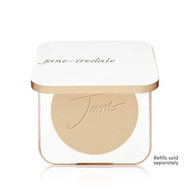 jane iredale compact opened to reveal interior mirror and refill pan, convenient on-the-go application