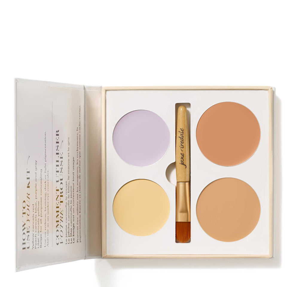 jane iredale palette front view showing four corrective shades and compact storage benefit