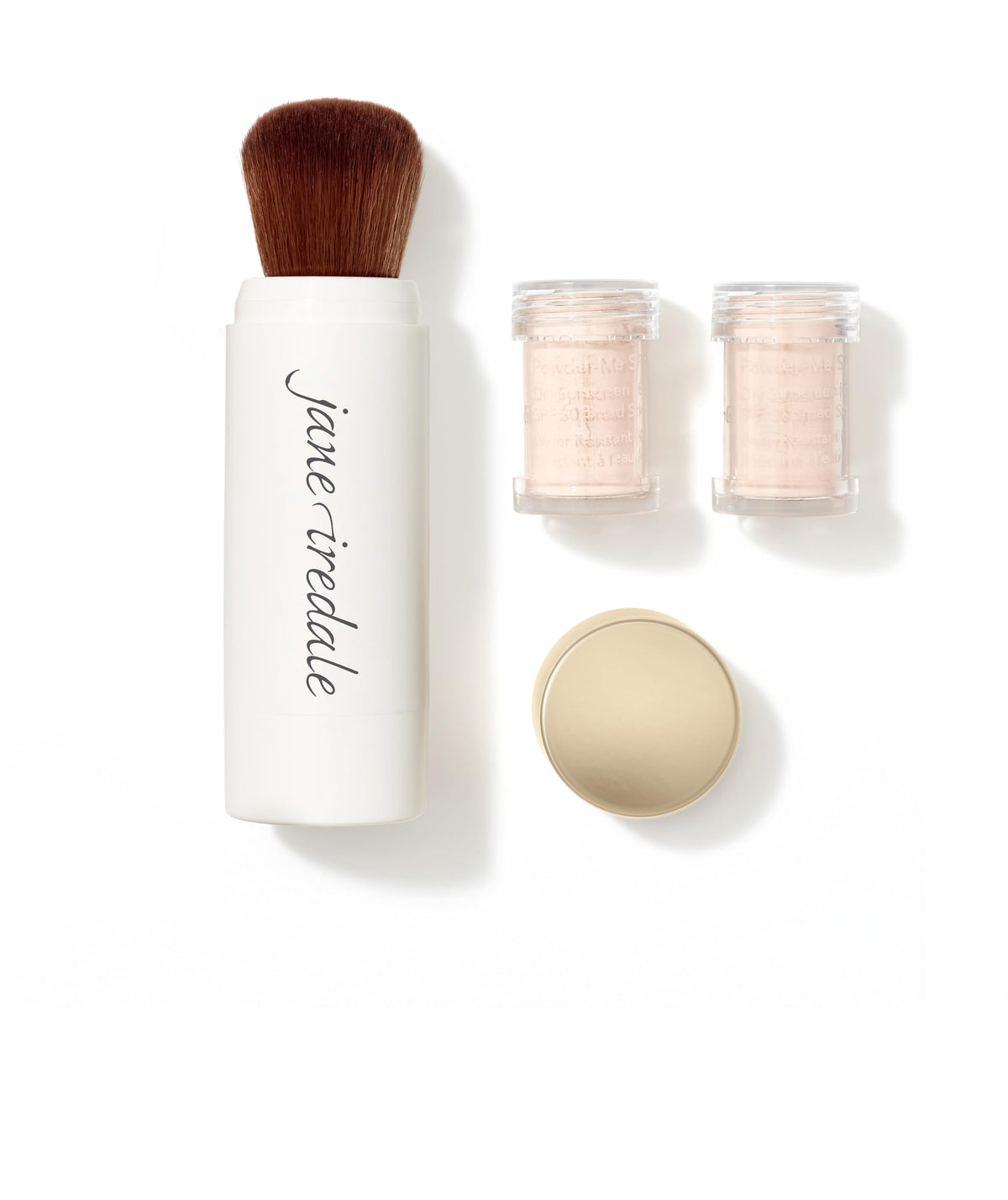 jane iredale brush open showing refill for quick touch-ups and SPF protection