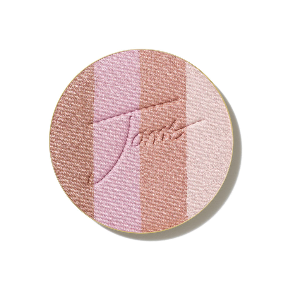 jane iredale refill front pan showing four shimmer shades and portable design benefit