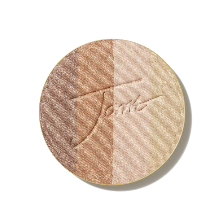 jane iredale front view of PureBronze refill showing four shimmer pans and compact fit benefit