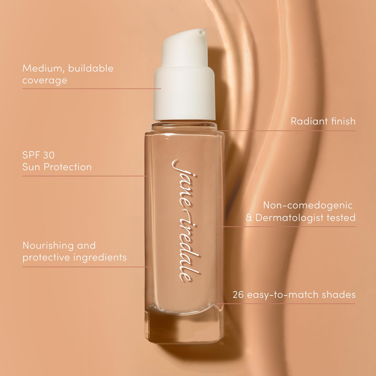 jane iredale swatch on forearm revealing streak-free coverage and shade match benefit