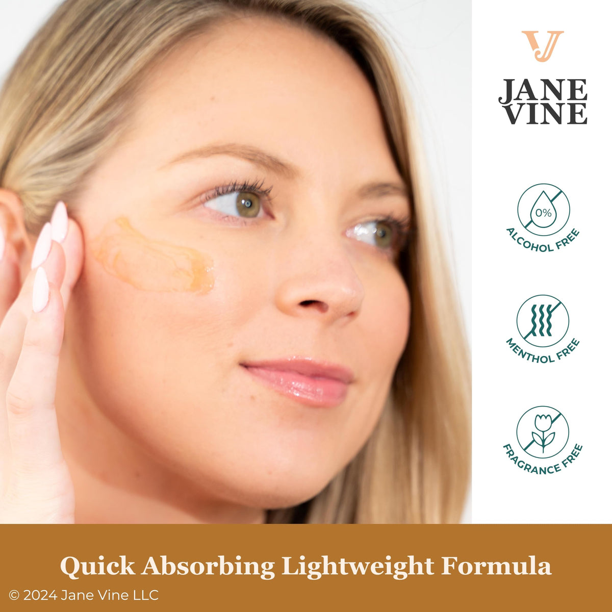 JANE VINE pump bottle in hand showing scale and easy-dispense benefit