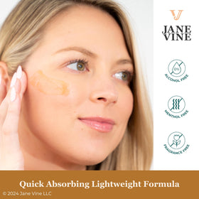 JANE VINE pump bottle in hand showing scale and easy-dispense benefit