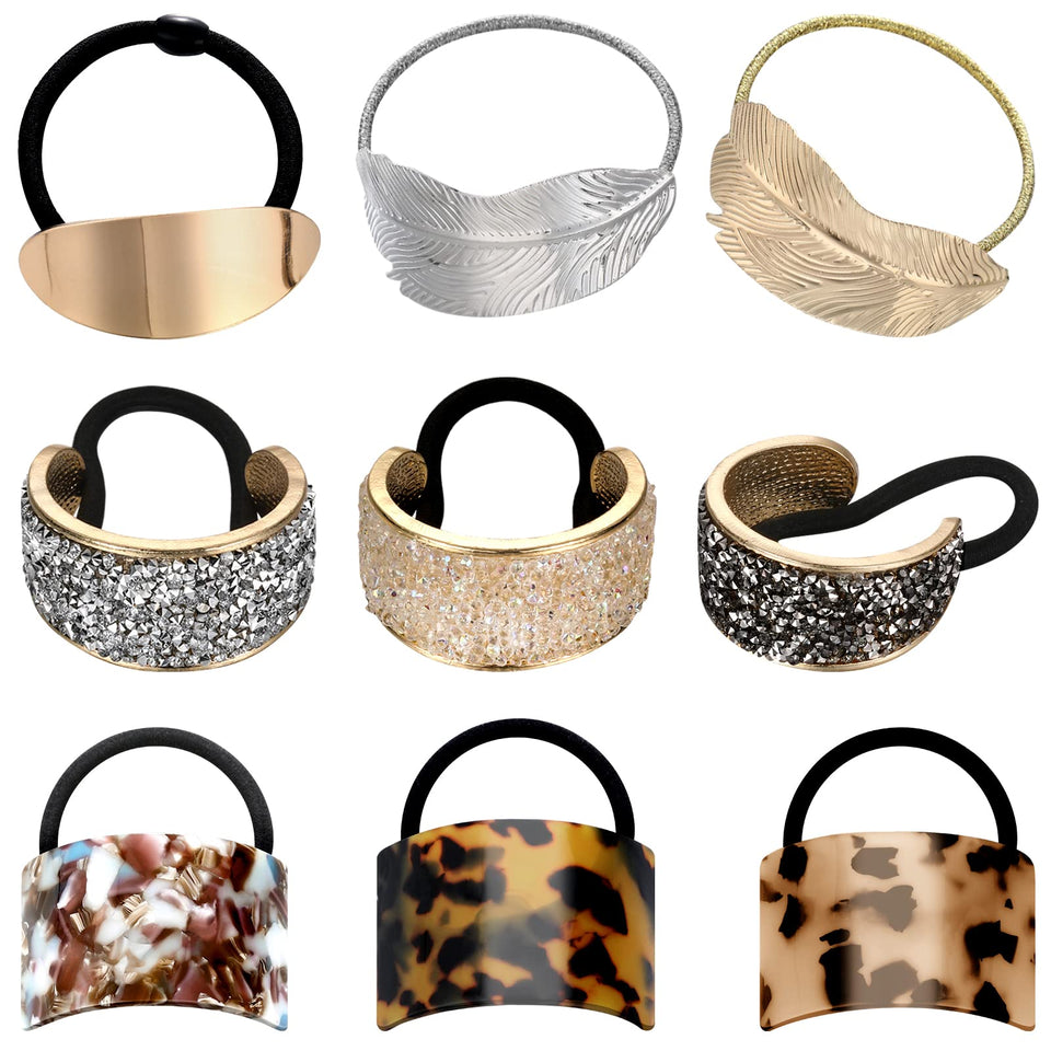 Janinka front view of nine-piece ponytail cuff pack showing variety and portability